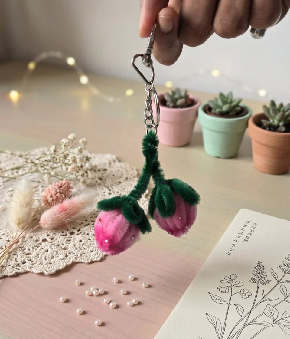 Sweet Strawberry Charms β Handcrafted plush chenille strawberry bag charms and keychains in giftable sets of 3 or 5.