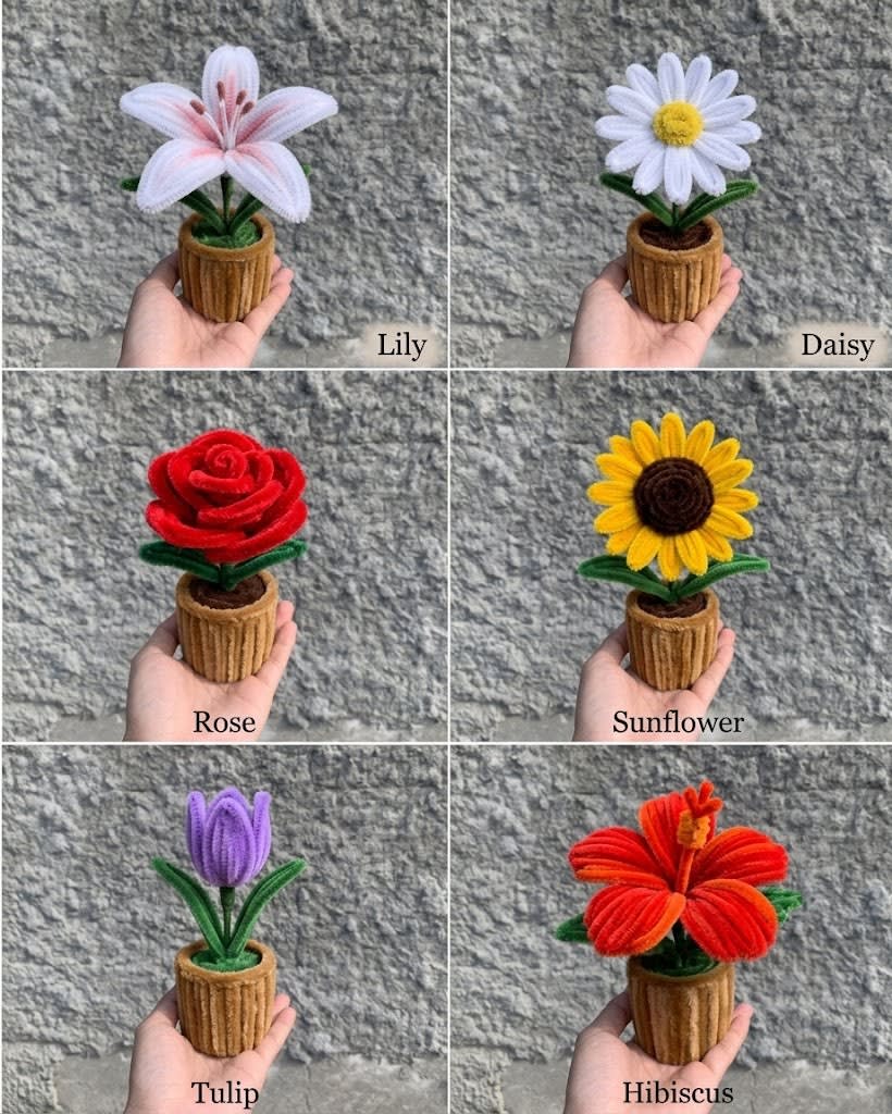 Forever Desk Blooms β Handcrafted miniature chenille potted flower plants in cheerful giftable sets of 2.