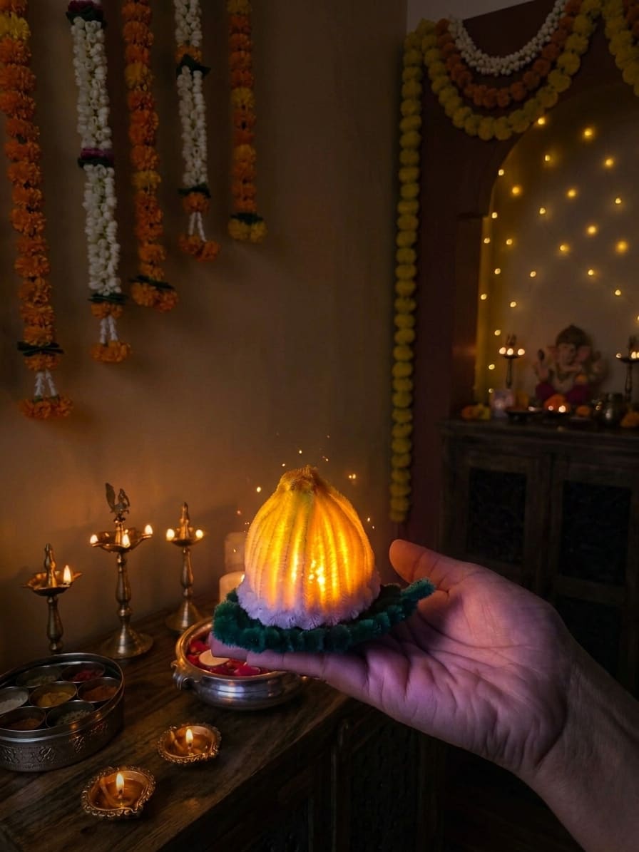 Golden Modak Diya — handcrafted botanical detail view 1 by Tiny Charm Studio