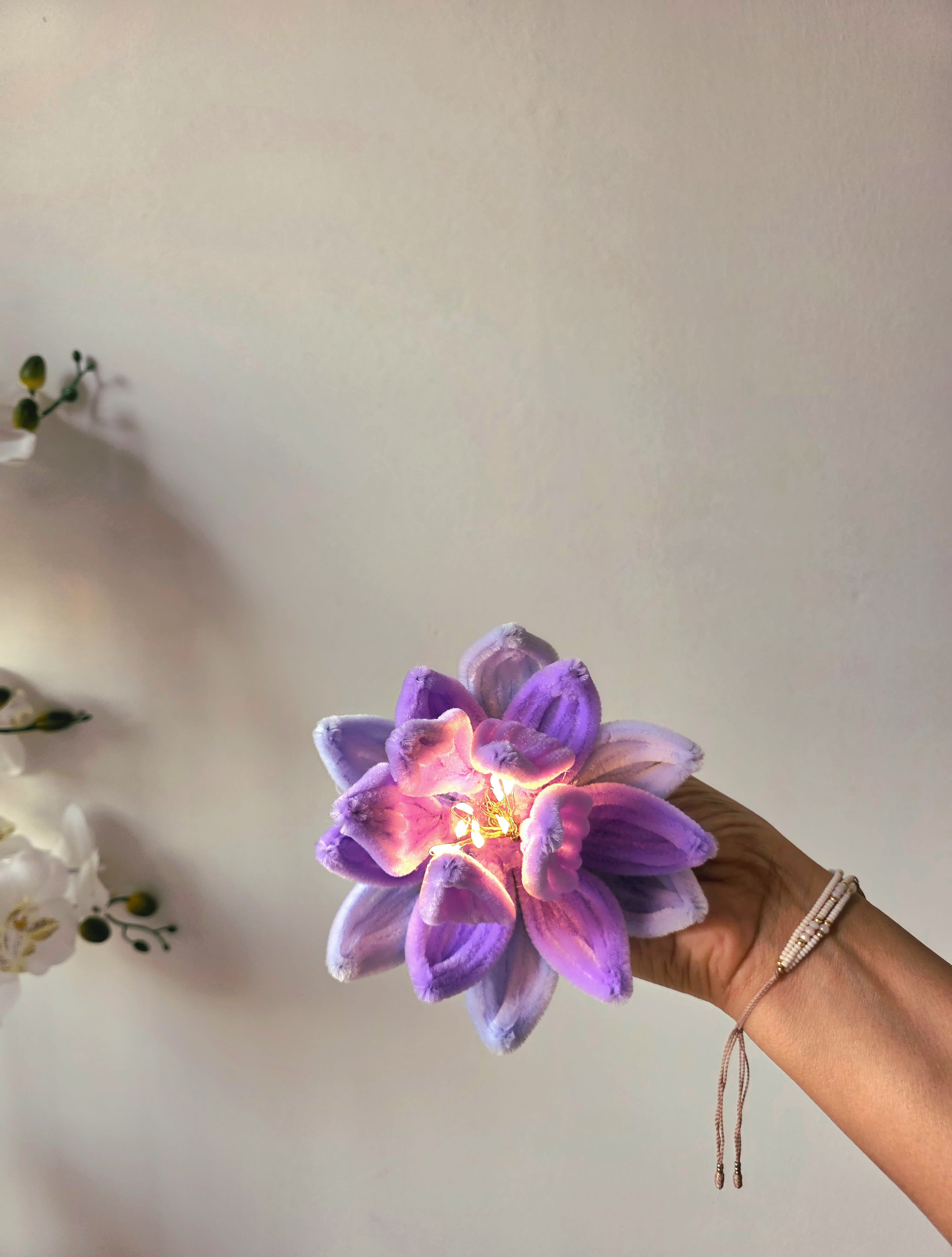 Eternal Blossom Glow Lamp โ 5-inch handcrafted floral ambient glowing lamp with warm LED illumination. (detail angle)