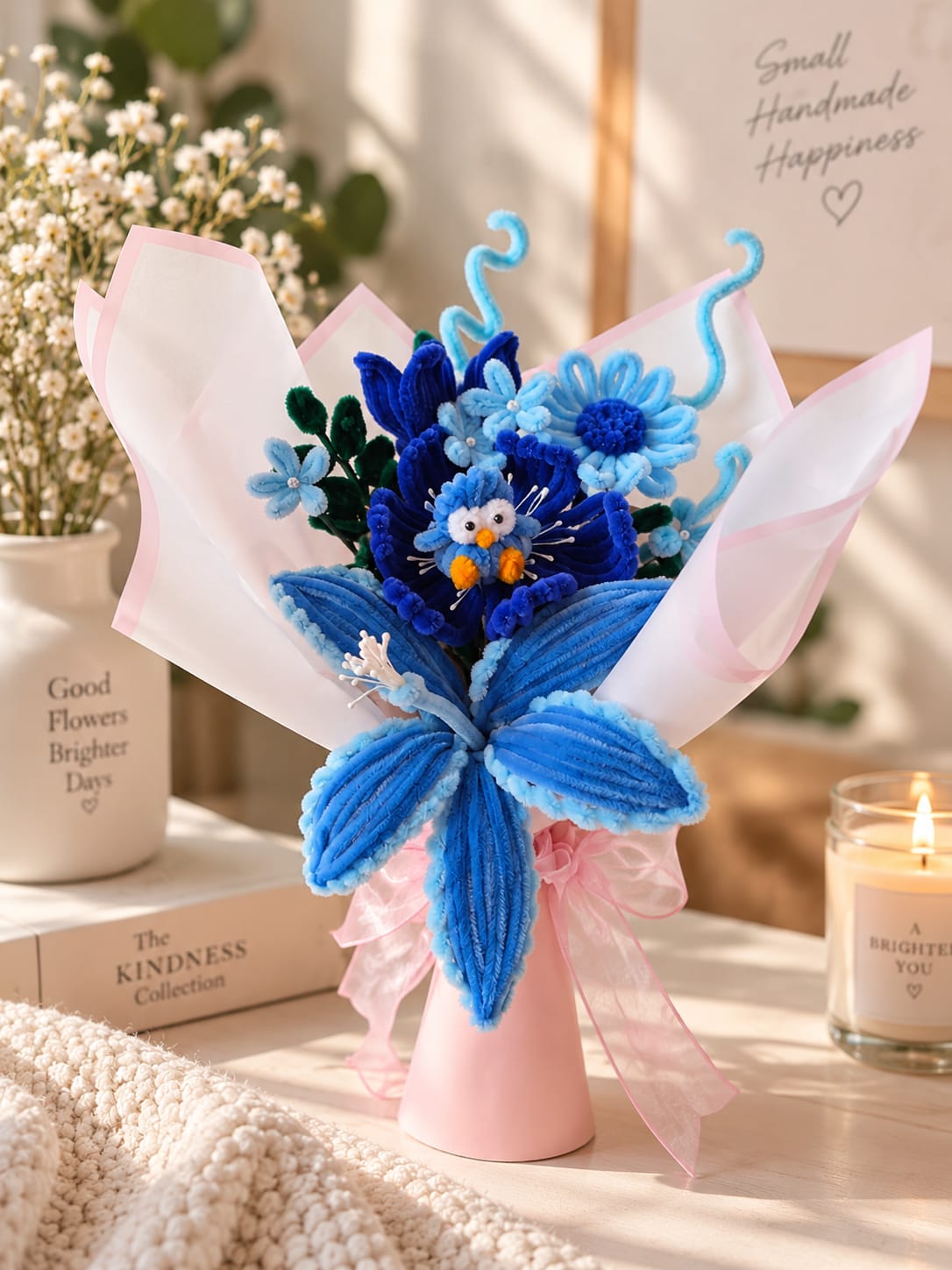 Ocean Mist Bouquet β Artisan ocean blue chenille flower bouquet crowned with an adorable penguin keepsake topper.