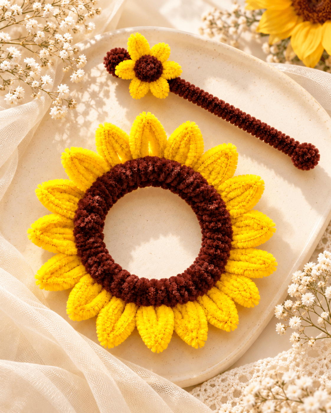 Golden Sunflower Bun Gajra β A handcrafted hair accessory collection featuring the cheerful Golden Sunflower Bun Gajra, each paired with a matching decorative hair stick.