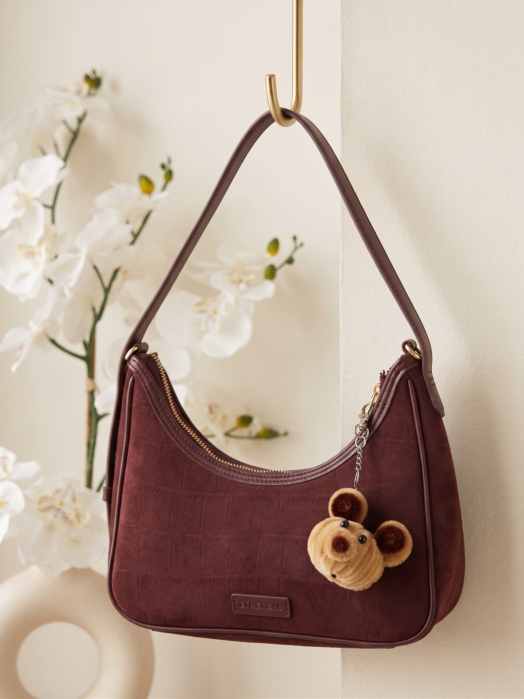 Cozy Teddy Bear Keychain — handcrafted botanical detail view 1 by Tiny Charm Studio
