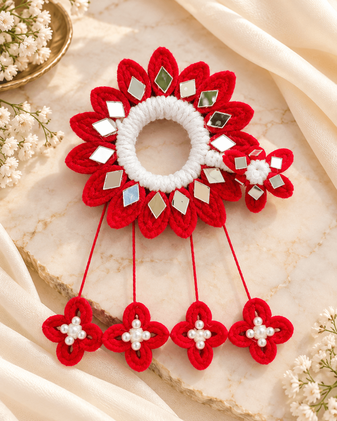 Ruby Mirror Bloom Hair Gajra — handcrafted botanical detail view 1 by Tiny Charm Studio
