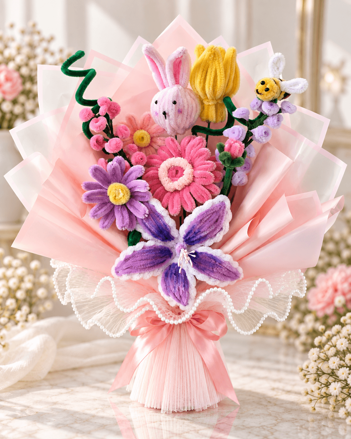 Pastel Meadow Bouquet β Whimsical handcrafted chenille flower bouquet crowned with cute bunny and bee keepsake toppers.