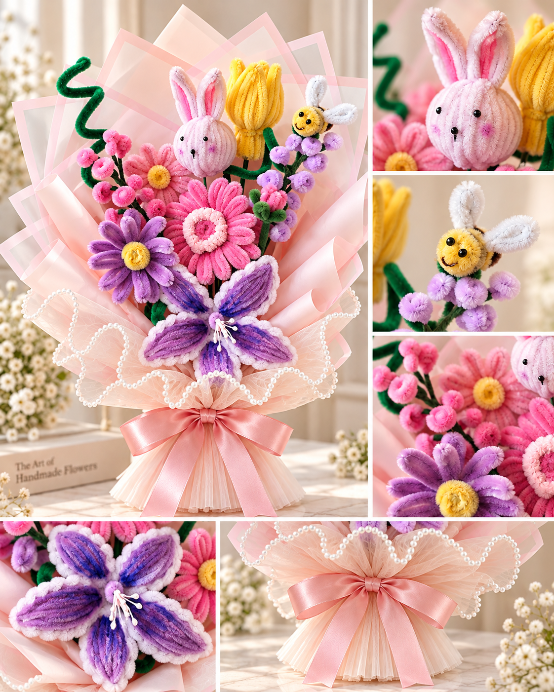Pastel Meadow Bouquet β Whimsical handcrafted chenille flower bouquet crowned with cute bunny and bee keepsake toppers. (detail angle)
