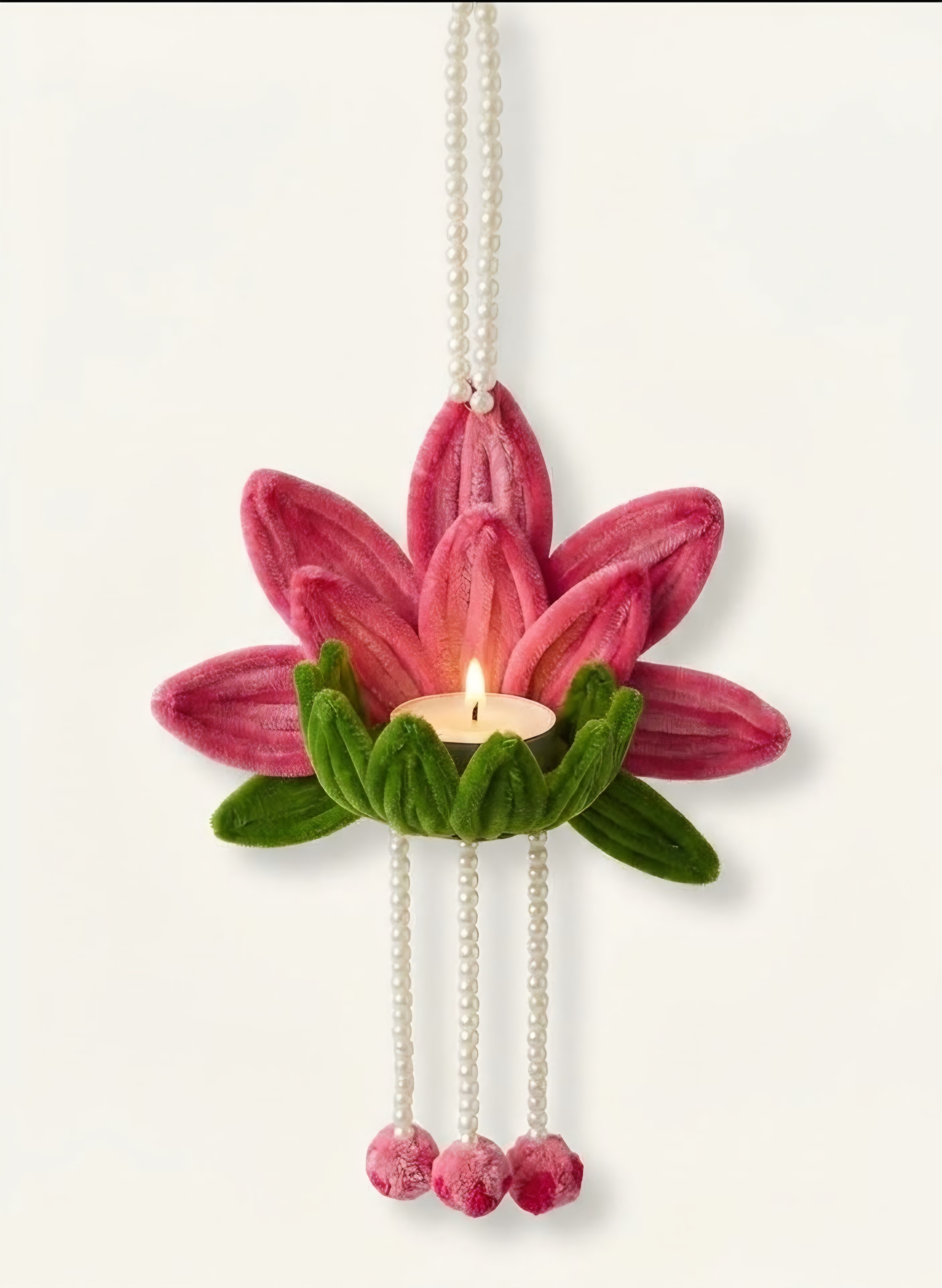 Pink Lotus Tealight Holder โ Handmade pink lotus tealight holder with pearl-style hanging strands and floral accents. (detail angle)